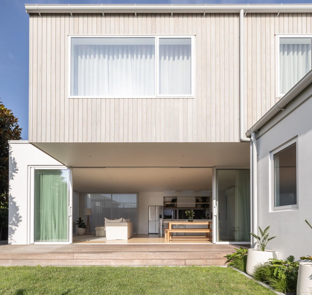 Two-storey house clad in Sugi Clear grade Japanese Cedar, oiled in Dryden Platinum